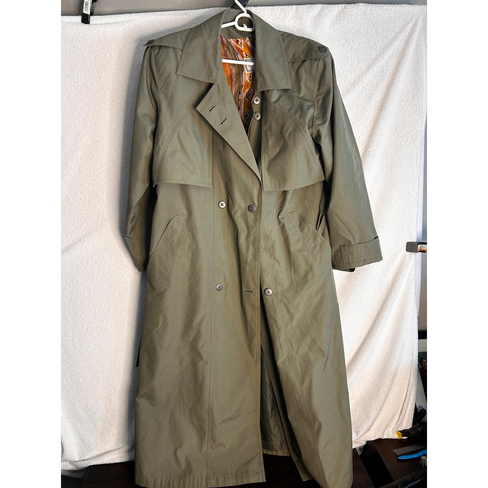 J. Gallery Petite Olive Green Double Breasted Trench Coat Patterned Lining 13/14